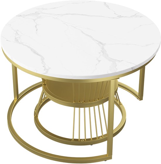 Table basse ronde (2 pièces), 70x45,5 cm, 45x40 cm, table avec plateau blanc et support de pied doré, ensemble de 2 tables basses rondes intégrées dans le côté du canapé (plateau blanc + pied doré)