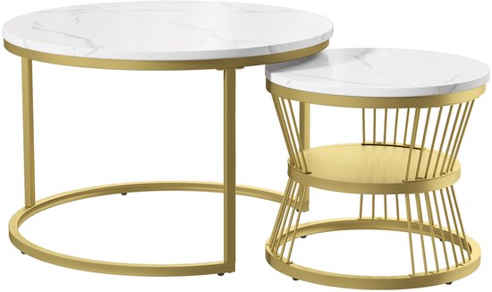 Table basse ronde (2 pièces), 70x45,5 cm, 45x40 cm, table avec plateau blanc et support de pied doré, ensemble de 2 tables basses rondes intégrées dans le côté du canapé (plateau blanc + pied doré)