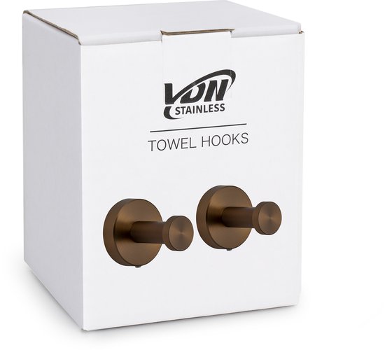 Doos van VDN Stainless met twee koperkleurige handdoekhaakjes.