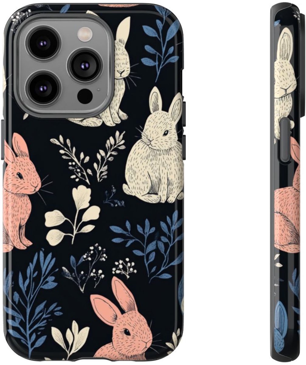 Vrolijke Konijntjes en Bladerenpatroon – Telefoonhoesje Geschikt voor iPhone 14 Pro