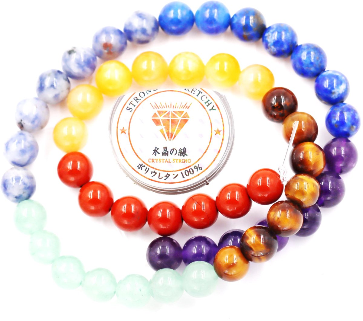 Fukugems kralen met rekkoord voor het maken van sieraden Losse stenen kralen voor doe-het-zelf Energiestenen helende armband 10 mm = 76 stuks en 1 rol koord 7 chakra 10 mm