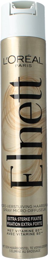 Gouden spuitbus met L'Oréal Paris Elnett logo en tekst in zwarte letters. Tekst: EXTRA STERKE FIXATIE MET VITAMINE B5.