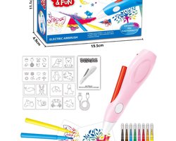 Crrynuo - Elektrische Aquarel Airbrush - Handgeschilderde Kleurenpenseel - Roze - 8 Kleuren - 8 Sjablonen - Afwasbaar - Kindvriendelijk