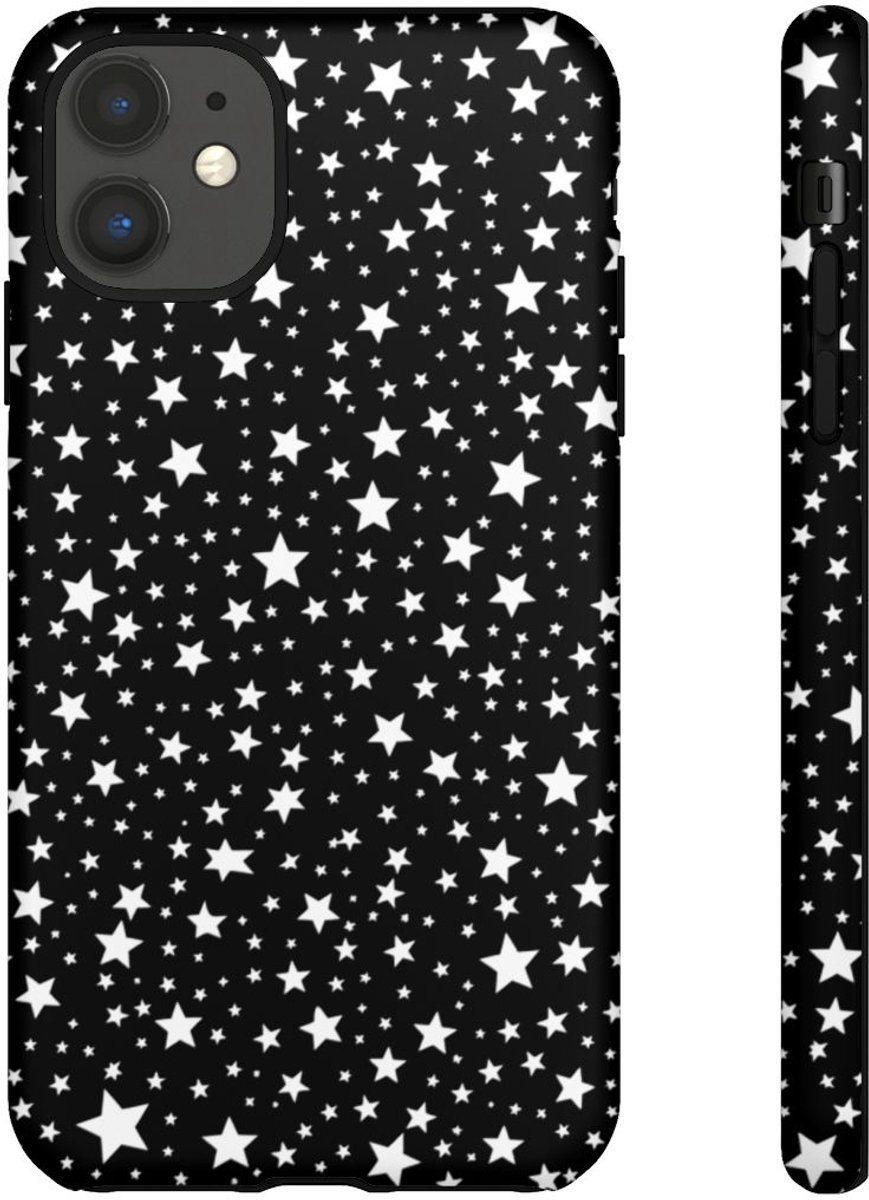 Wit Sterrenpatroon op Zwarte Achtergrond – Mat Stevig Hoesje Geschikt voor iPhone 11