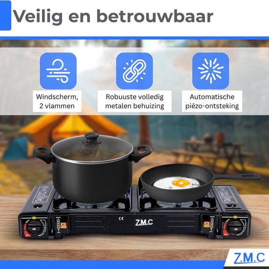 ZMC Campinggasfornuis 2-pits 2,5 kW incl. adapter voor LPG-aansluiting + opbergkoffer Campingfornuis set met gaspatronen en grillplaat naar keuze, met piëzo-ontsteking, voor buiten en binnen - Gasfornuis met 8 gaspatronen van Z.M.C — afbeelding 5