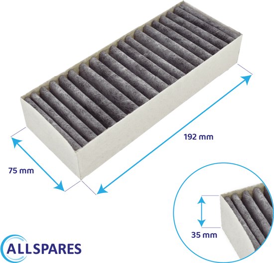 Afzuigkapfilter met afmetingen 192x75x35 mm, met een groen koolstofelement.