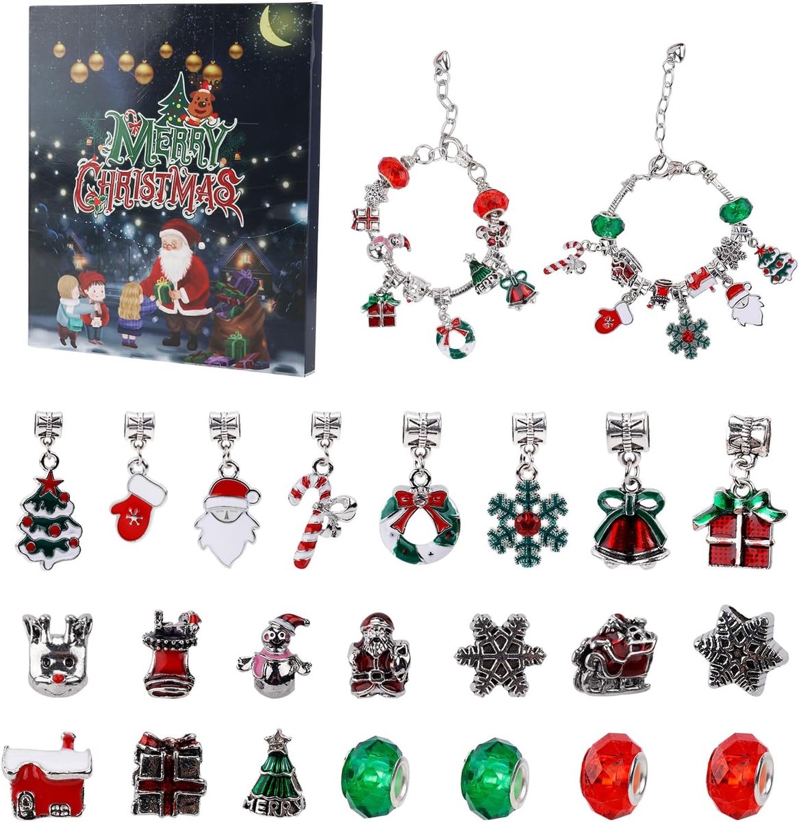 Kerst countdown armbanden maker kit met 22 charm kralen en 2 armbanden voor jongens, perfect voor DIY Kerst armband cadeau.