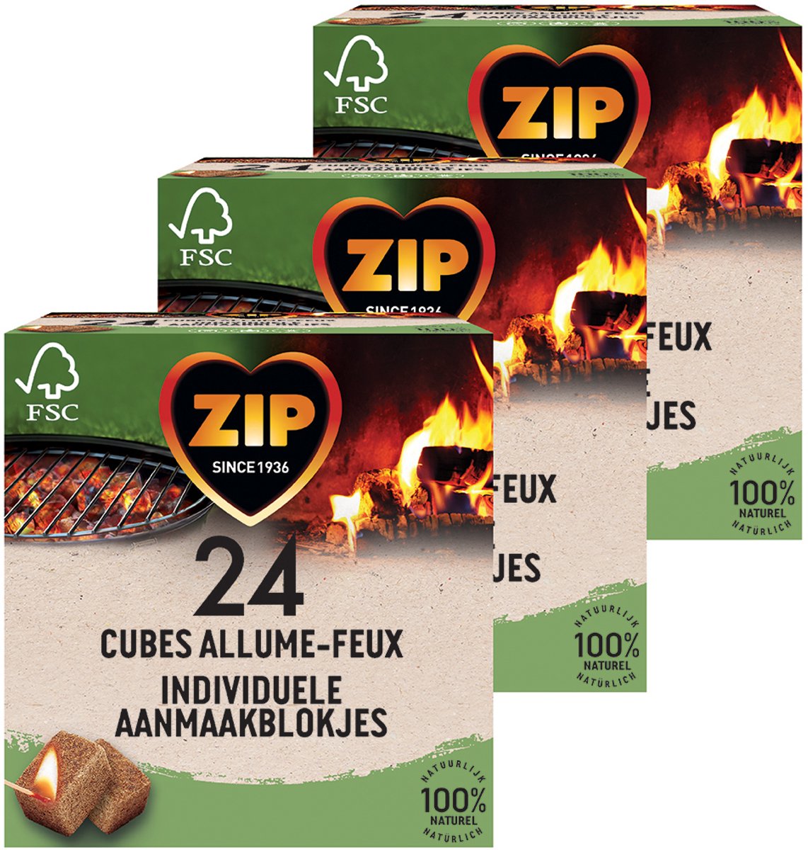 ZIP aanmaakblokjes 72 stuks - Openhaard & BBQ Blokjes - Individueel Verpakt - Aanmaakblokjes Bruin - Natuurlijk en Geurloos - 3 x 24 stuks