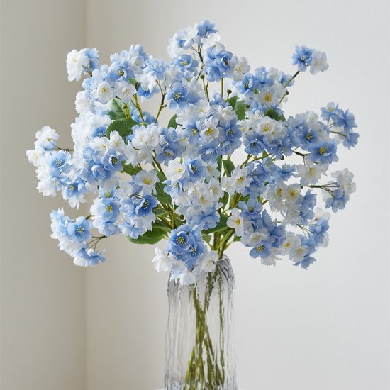 Zijden boeket Kersenbloesems met bladeren - hoogte 75 cm - 6 stelen - zelfgemaakt boeket - DIY - alle kunstbloemen worden apart verzonden - lente - kleurrijk - kunstbloemen - nepbloemen - kunstbloemen - kunstplanten Blauw Wit