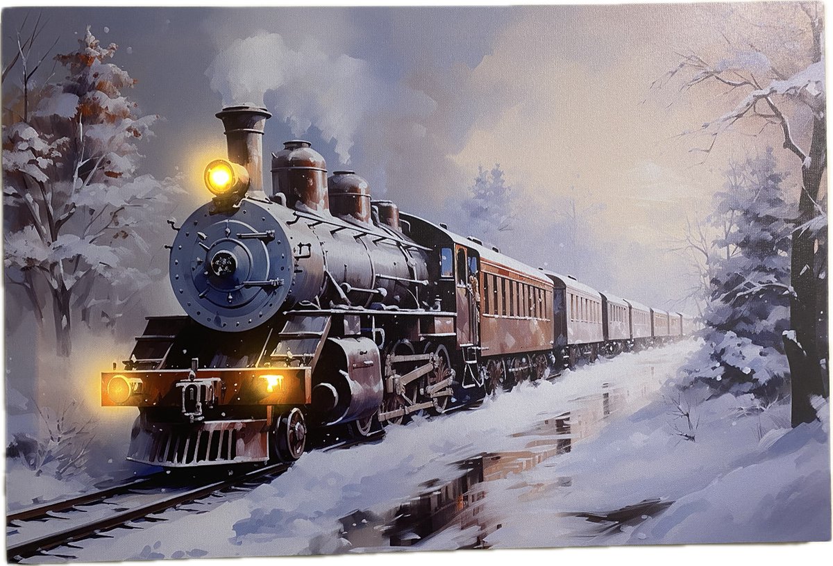 Schilderij groot met led verlichting - Canvas op houten frame - Stoomlocomotief rijdend door winterlandschap - 3 x LED - 60 x 40 cm - Kersthuisjes en Kerstdorp met verlichting