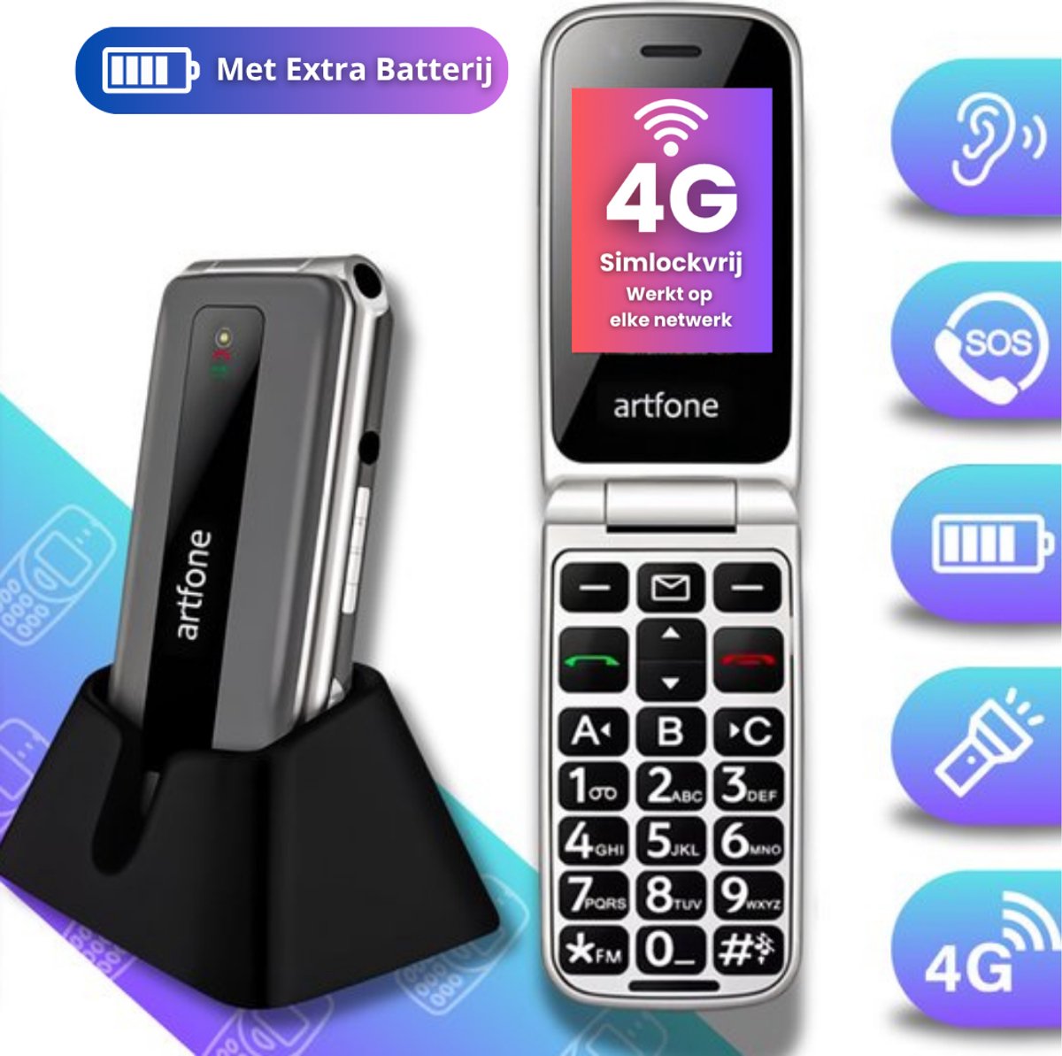 Artfone F30 Senioren Telefoon met Extra Batterij – 4G, SOS Noodknop, USB-C, Oplaadstation – Ideaal voor Ouderen 128MB