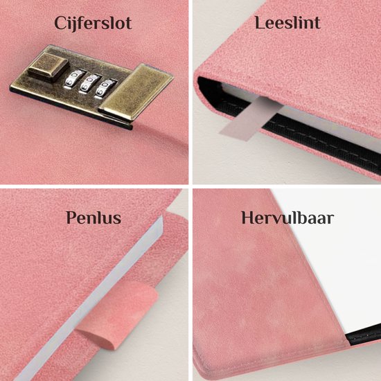 Detailopnames van een roze dagboek met cijferslot, leeslint, penlus en navulbaar.