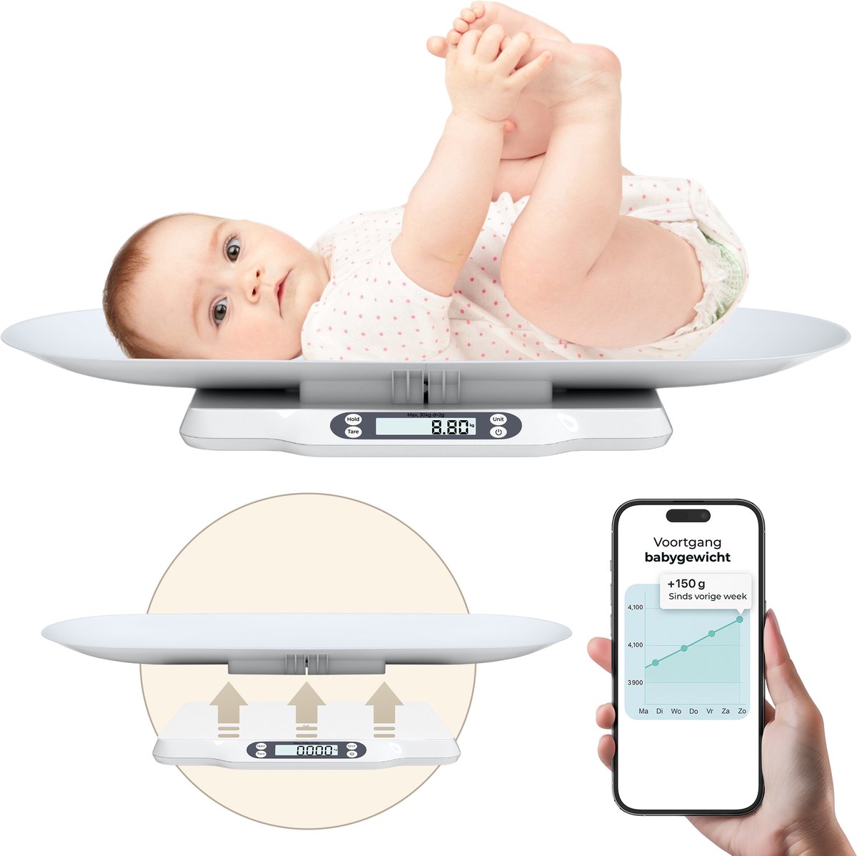 Gatson Babyweegschaal - Met App - Tot 30kg - Inclusief Meetlint - Dierenweegschaal - Weegschaal baby - Babyshower