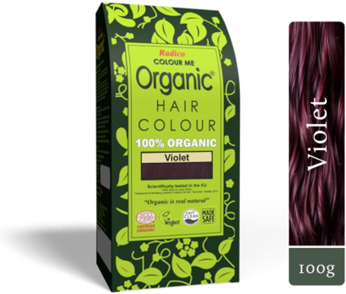 Radico COLOUR ME ORGANIC Violet 100% Natuurlijke BIO ORGANIC 9-Kruiden Henna Haarverf Zonder Ammoniak PPD PTD met ECOCERT, HALAL, VEGAN 100g