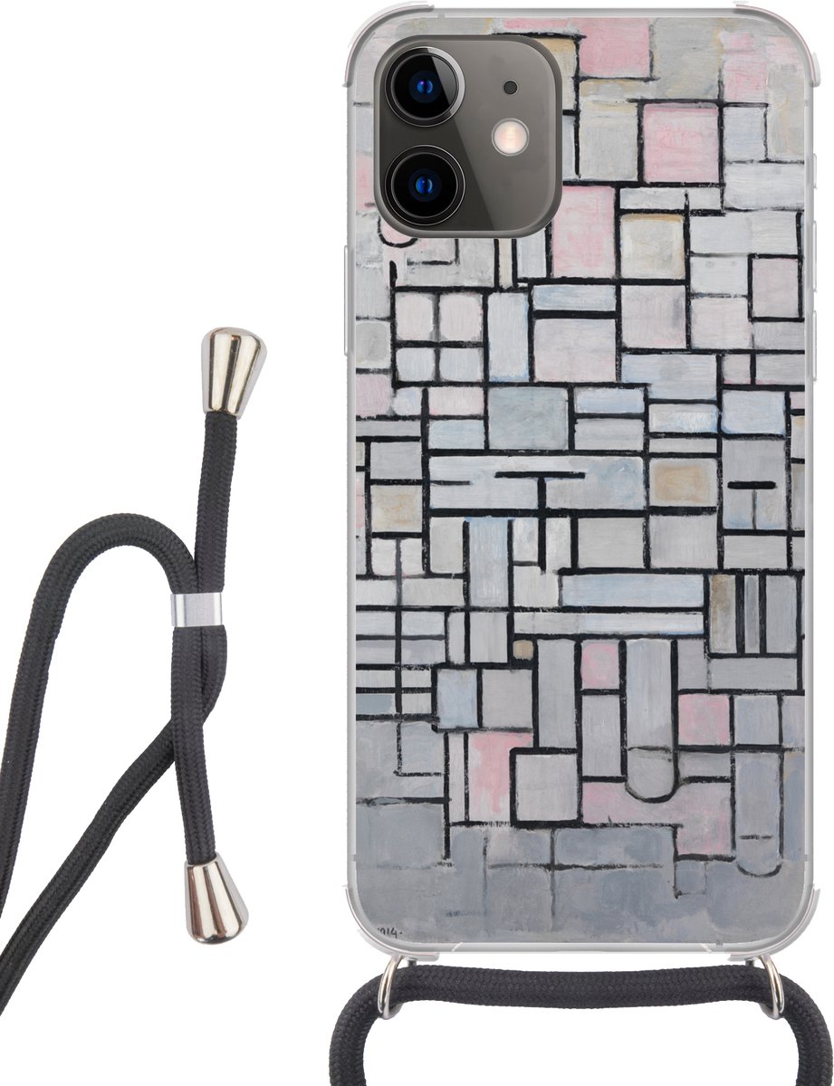 Telefoonhoesje Geschikt voor iPhone 12 Mini - Compositie 6 - Piet Mondriaan - Siliconen - Crossbody - Backcover met Koord - Telefoonhoesje met koord - Hoesje met touw Telefoonhoesje