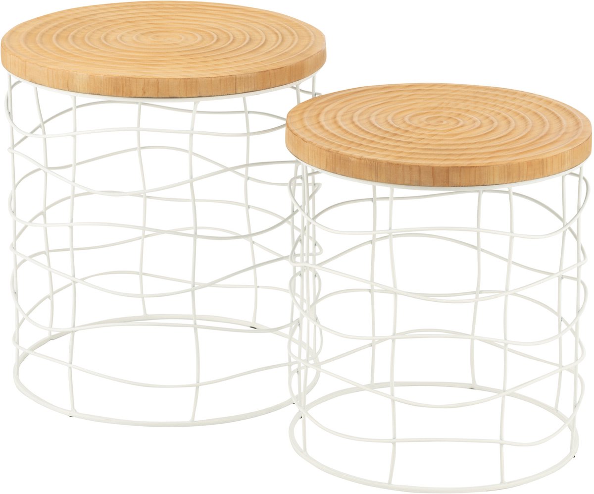 J-Line bijzettafel - ijzer/hout - naturel/wit - set van 2