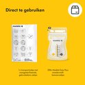 Twee Medela-producten: een witte gebruiksaanwijzing en een gele bewaarzak voor moedermelk met maataanduidingen.