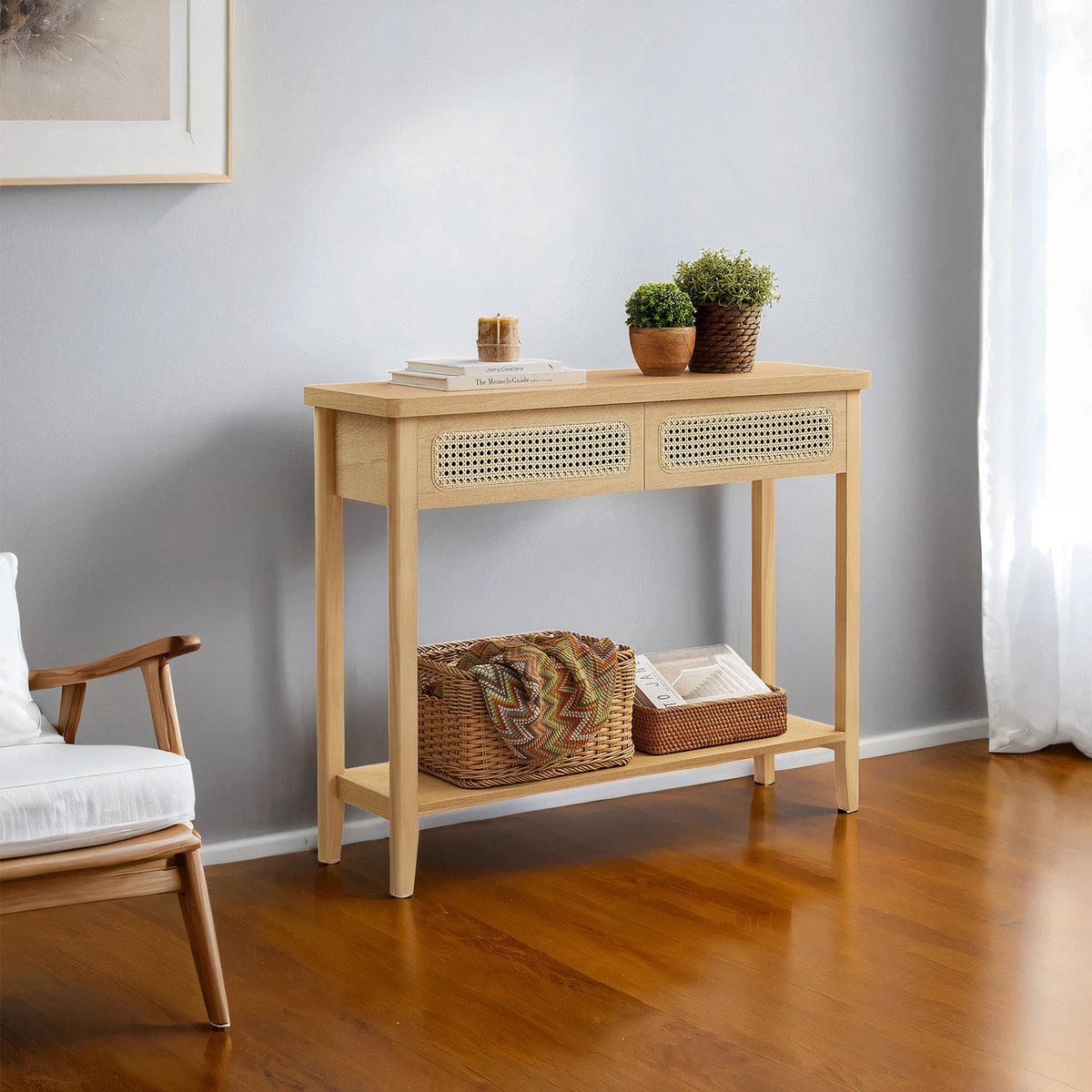 MAZAZU - Consoletafel - Haltafel - Met lades - Beige eiken - 100x30x80