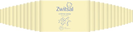 Een rij van Zwitsal crème zeep verpakkingen op een witte achtergrond.