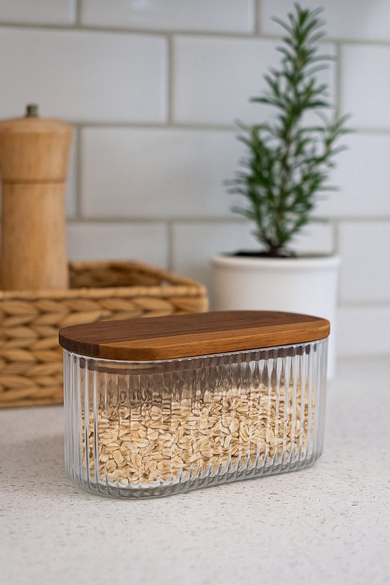 Mevaz – Geribbelde Glazen Botervloot met Deksel van Acaciahout – Voorraadpot - Stijlvolle Pot voor Koffie, Thee of Kruiden — cadeau in Wonen & Interieur - foto 2