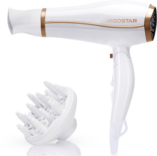 Aigostar Luna - Föhn met Diffuser en Blaasmond - Reisföhn - Inklapbare Compacte Haardroger - Ionische - Coolshot - 3 Standen - 2200W - Wit