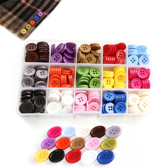 Boutons - 300x pièces - Boutons pour vêtements - Boutons colorés - Boutons ronds - Bouton artisanal - Boutons décoratifs - Boutons pour Coudre - Boutons 4 trous - mélange de couleurs - 15 mm - Pour Coudre, Craft Enfants , scrapbooking et décoration