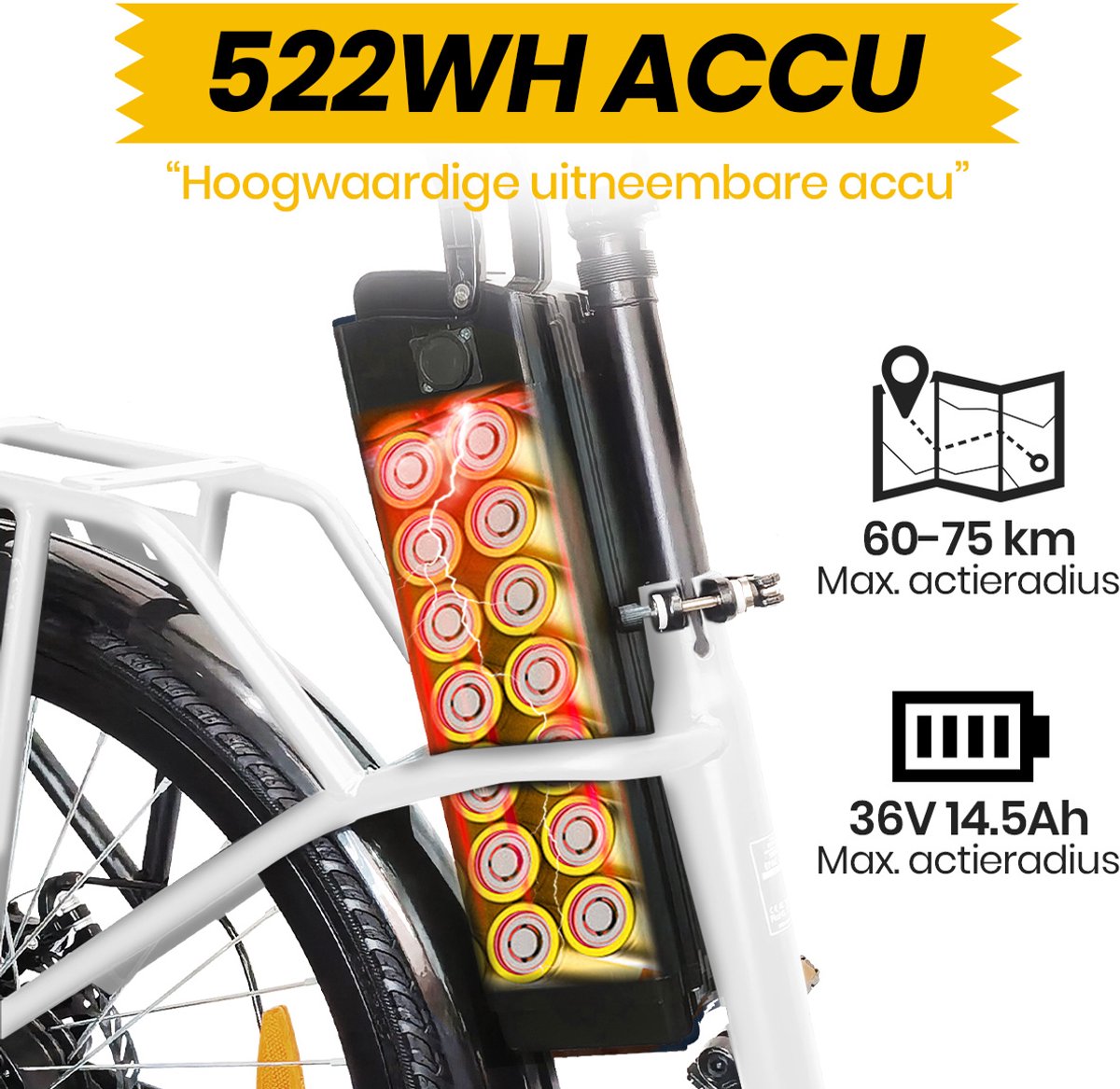 Elektrische Fiets TTGO YY-26ST Wit- 522Wh/15Ah Accu - 75 km Bereik - 250W Motor - Instap Frame - 26 Inch Wielen -Verende voorvork- Shimano 6 Versnellingen - LCD Display - Stadsfiets voor Dames en Heren thumbnail 5