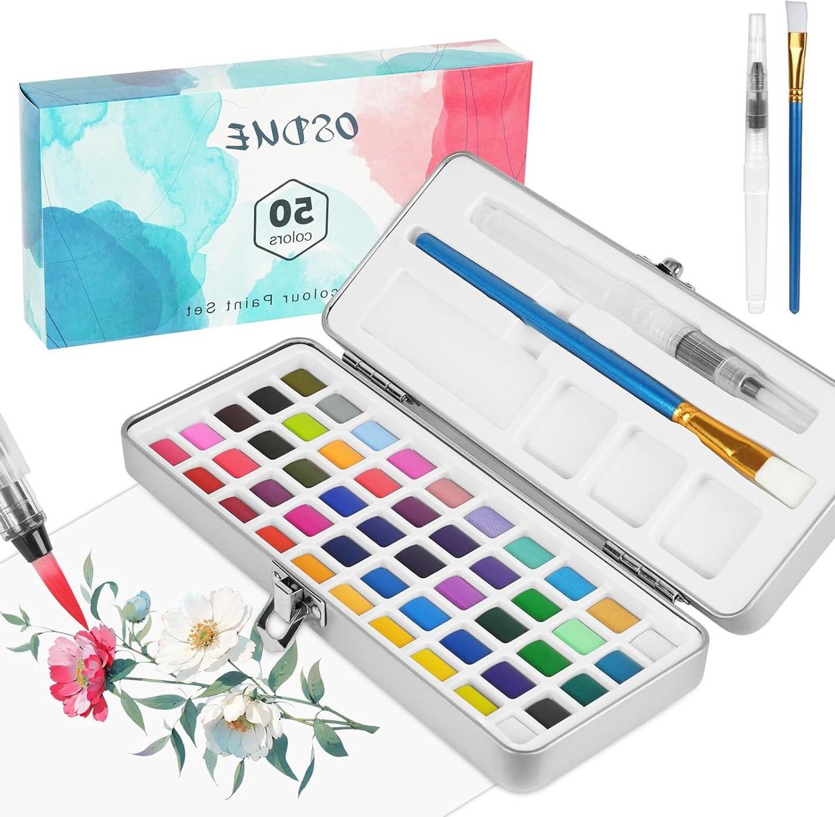 Allecto Plus - Aquarelset 50 kleuren opvouwbaar - Penseelwaterverf beginners - Schilderset met sponzen