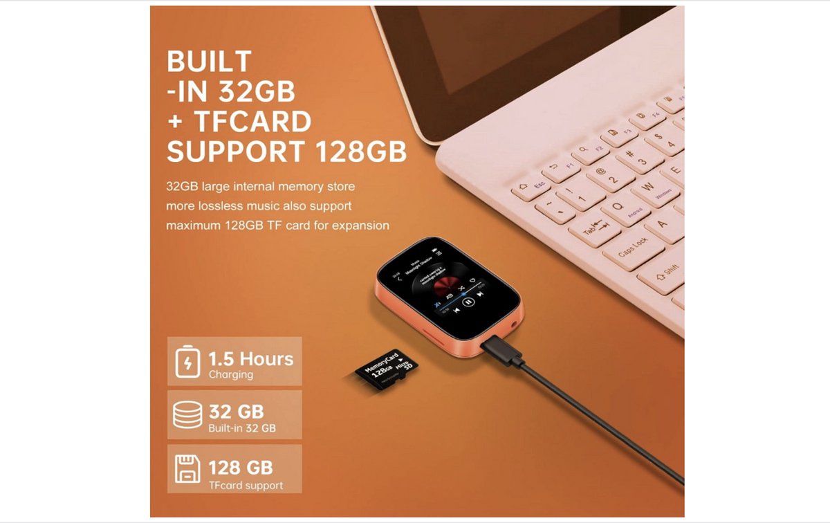 mp3-speler met bluetooth, draagbare muziekspeler, mp3, mp4, met FM-radio, spraakopname, E-book, kalender, wekker, clip, 32 GB-geheugen, om te sporten