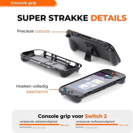Zwarte console grip voor Switch 2, met precieze uitsparingen en beschermde hoeken.