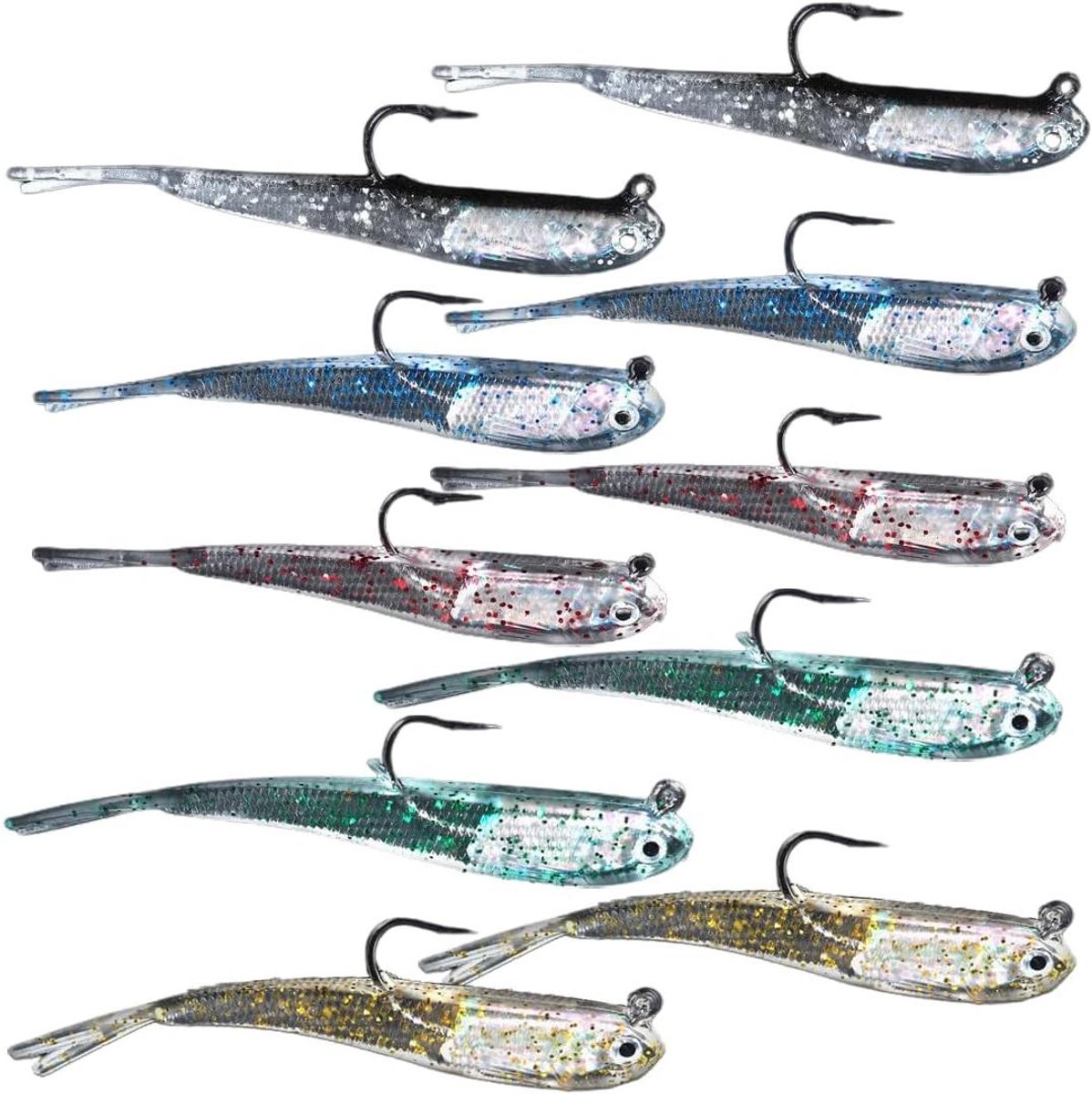 Allecto Plus - Zachte siliconen T-staart kunstaas voor vissen - 10 stuks, 75 cm, 65 g - Met scherpe haak