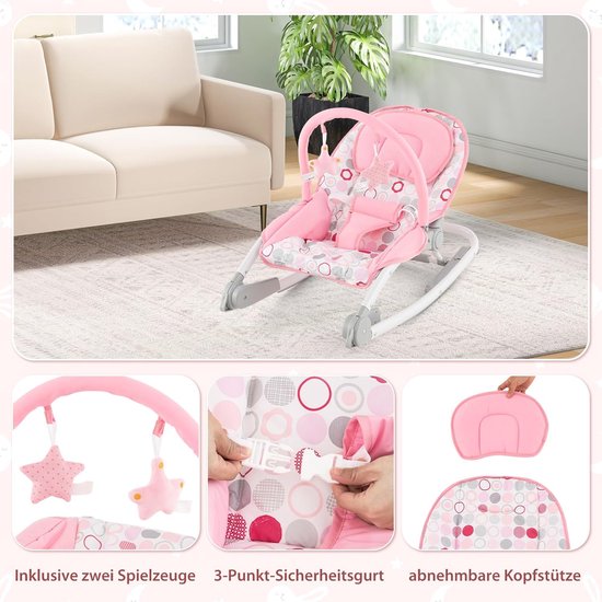 COSTWAY 2-in-1 babywip, inklapbaar, draagbare babyschommel met 3-traps verstelbare rugleuning en afneembare speelboog, babywip met veiligheidsgordel, babywieg tot 9 kg belastbaar (roze) — afbeelding 5