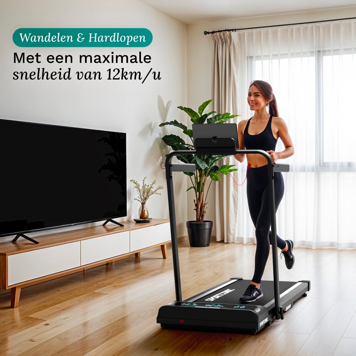 Afbeelding 2 van Sportconic Loopband 1-12km/u – Walking Pad – Loopband Inklapbaar – Wandelband – Met Hellingfunctie – Incl. Tablethouder en Afstandsbediening