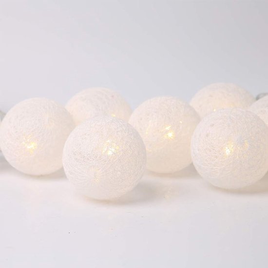 Ciskotu Katoenen bollen, lichtketting, werkt op batterijen, 20 leds, dimbaar, met afstandsbediening, led-bollen, lichtketting voor kinderkamer, Kerstmis, bruiloft, feest (wit