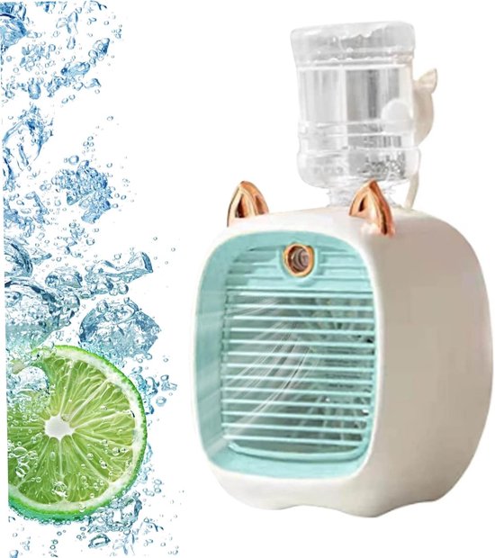 Mini USB Ventilator Blauw – 3-in-1 Tafelventilator met Luchtkoeling, Bevochtiger, Nachtlampje, 3 Snelheden