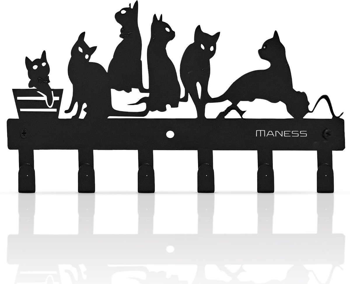 Kinderkapstok - katten - Kinderkapstok haakjes - Babykamer Kapstokken - 42cm - 6 haken – design Kapstokken - Inclusief bevestigingsmateriaal – Wandkapstok - Babykameraccessoires - Kinderkamer haakjes - Zwart - Modern