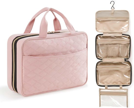 Grote make-uptas voor dames, reistas, grote draagbare make-uptas, organizer met verdeler en handvat, draagbare beautycase voor vrouwen, zwart, A