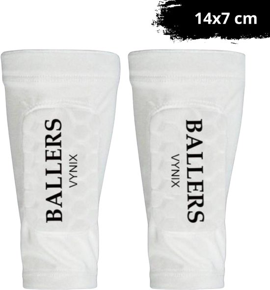 Witte Vynix Ballers scheenbeschermers, 14x7 cm, met logo.