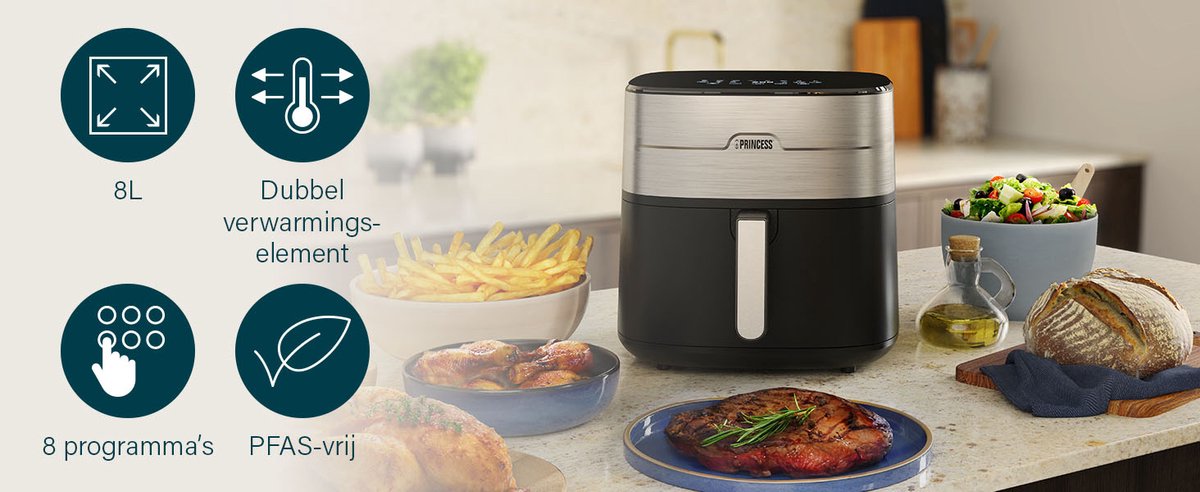 Princess 182280 Airfryer 8L XXL digitaal, dubbel verwarmingselement, 2000W, PFAS-vrij, gezond bakken zonder olie - Afbeelding 3
