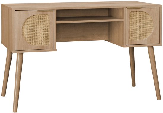 sweeek - Bureau met houten effect en rotan eva 2 lades, 120 x 55 x 76,5 cm