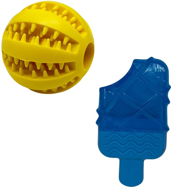 Verkoelend & Belonend Hondenspeelplezier – Lek-bal + IJskoud IJsje – Interactief, Invriesbaar & Vulbaar Speelgoed – Rubber – Blauw & Geel – Set van 2