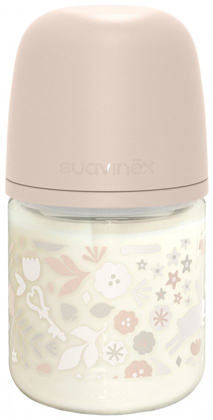 Suavinex, Set van 2 glazen flesjes 240 ml (2 x 240 ml). Fles met symmetrische speen SX Pro Medium Flow (M), met anti-koliek ventiel, ultrazachte dunne siliconen voor baby's, 3 maanden, groen