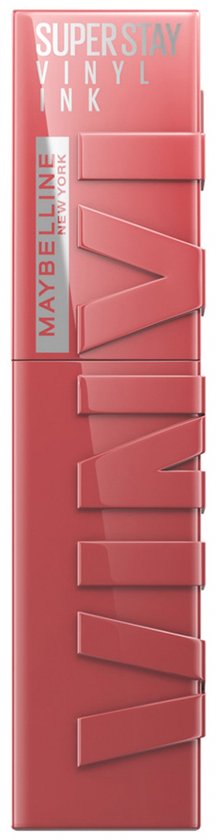Maybelline SuperStay Vinyl Ink in de kleur 35 Cheeky, een nude lipkleur in een strakke, glanzende verpakking.