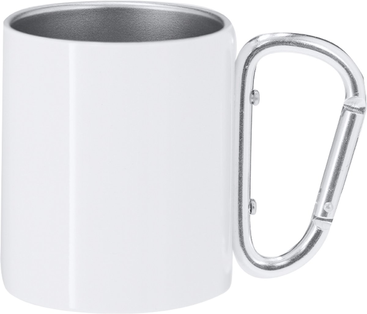 RVS mok van 220ml, met een glanzend witte metalen afwerking en een functionele handgreep in de vorm van karabijnhaak. Bijzonder ontworpen voor sublimatie. Model Beesbur