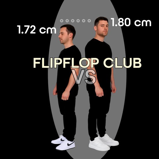 Vergelijking van twee mannen: 1.72m en 1.80m, met tekst 'FLIPFLOP CLUB VS'.