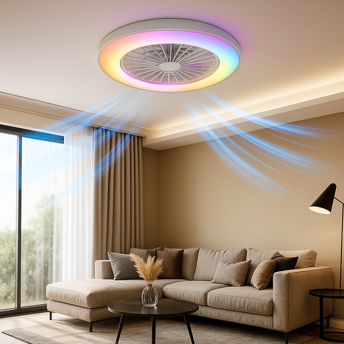 Slimme Plafondventilator met LED Verlichting - App & Afstandsbediening - Plafondlamp met Ventilator - Fluisterstil - Slaapkamer - Woonkamer - Kinderkamer - Ø50 cm - Wit thumbnail 7
