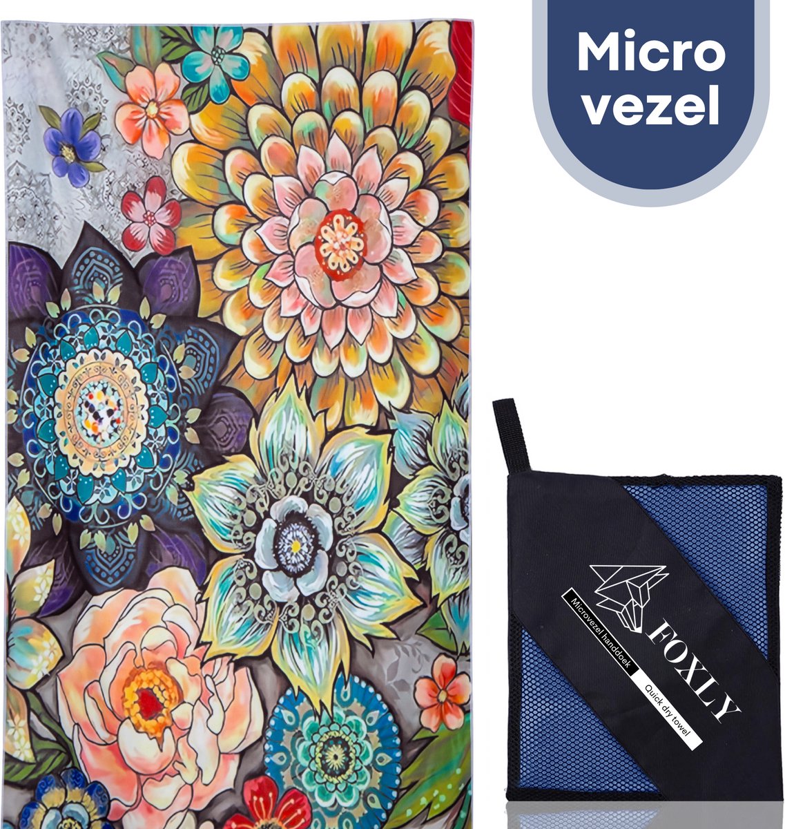 FOXLY® Microvezel Handdoek 160x80 cm - Mandala Bloemenkunst Gekleurd - Strandlaken - Badlaken - Reishanddoek Sneldrogend