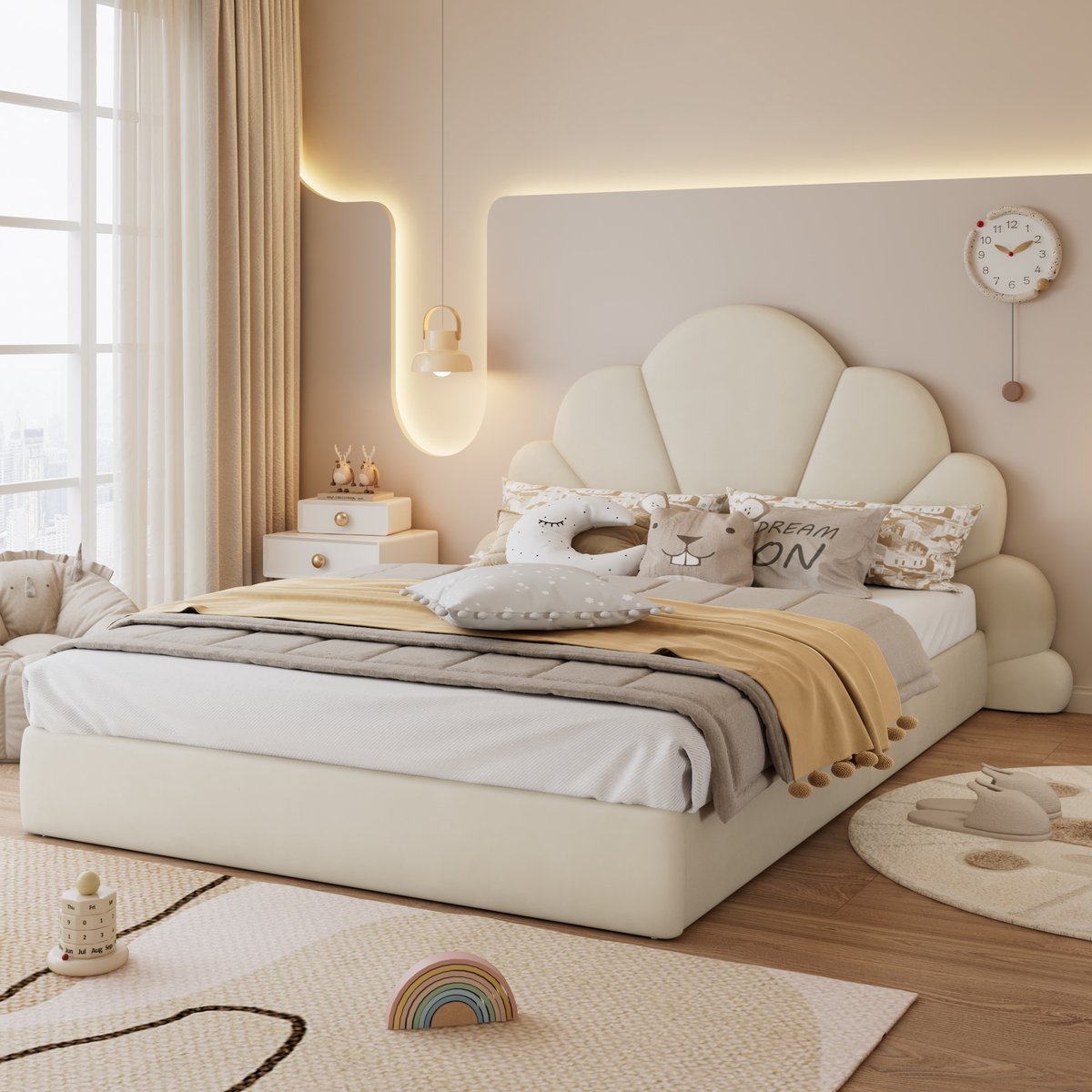 Merax Tweepersoonsbed gestoffeerd bed met gebogen hoofdeinde met gebogen bloemblaadjes - modern bedframe - fluweel - beige - 140x200 cm