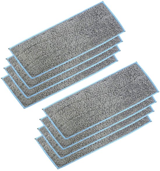Vier grijze dweilpads gestapeld boven elkaar, twee stapels met blauwe rand.