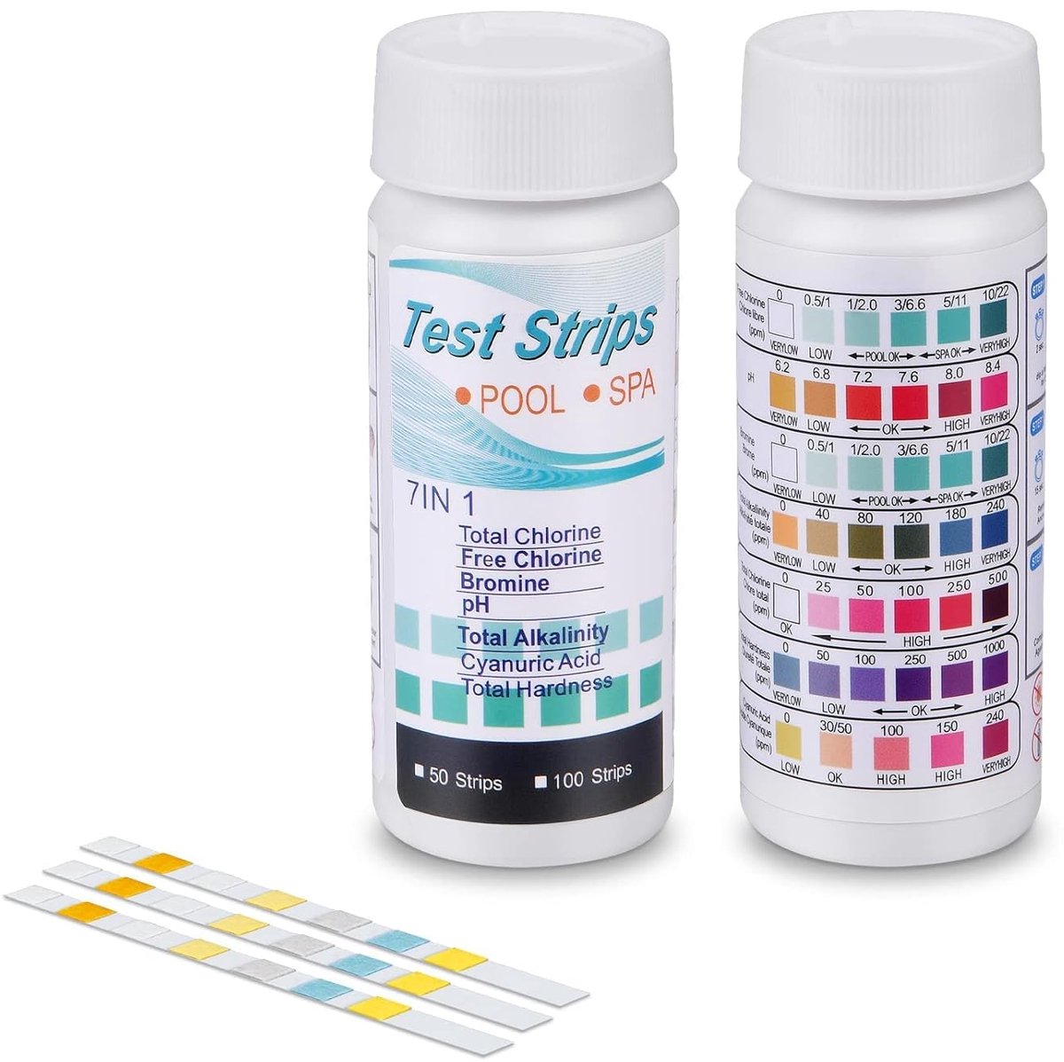 7-in-1 zwembad- en spa-teststrips - 100 teststrips voor zwembadwater - Teststrips voor bubbelbadwater - Totale hardheid, totaal chloor, broom, vrij chloor, pH, cyanuurzuur en totale alkaliteit